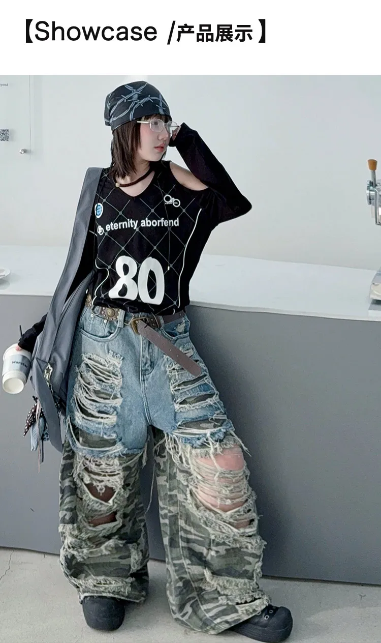 Sommer-Jeans für Teenager-Mädchen mit großen Löchern und Camouflage-Muster, Größe 4-14, Junior Hip-Hop Jazz Street Dance Kinderhose mit weitem Bein, Kinderhose – Detail 2