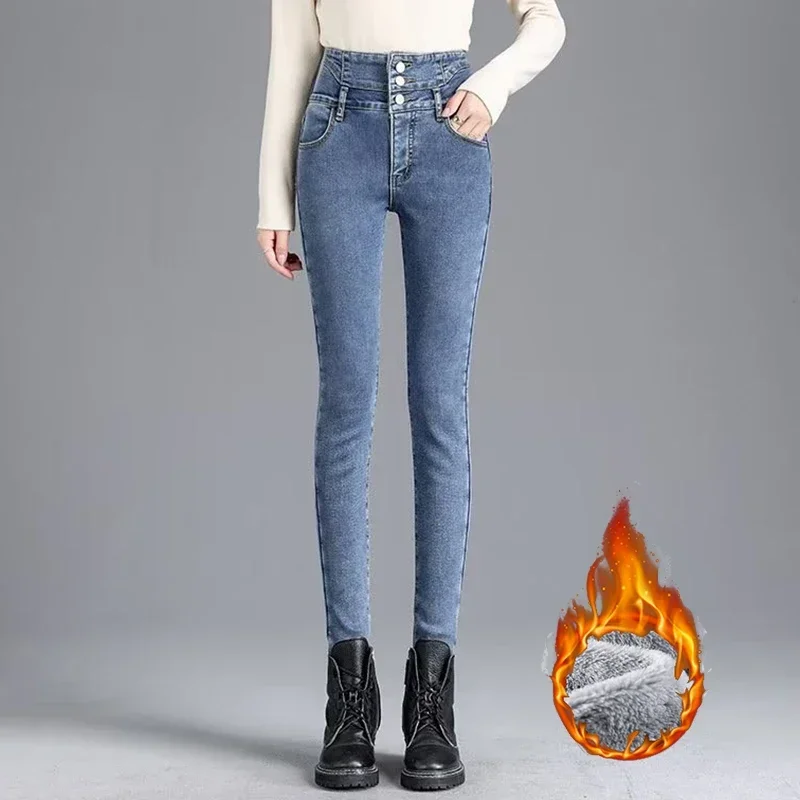 

Зимние плюшевые термопрямые джинсы для девочек, женские зимние теплые повседневные джинсовые брюки, женские корейские классические флисовые брюки