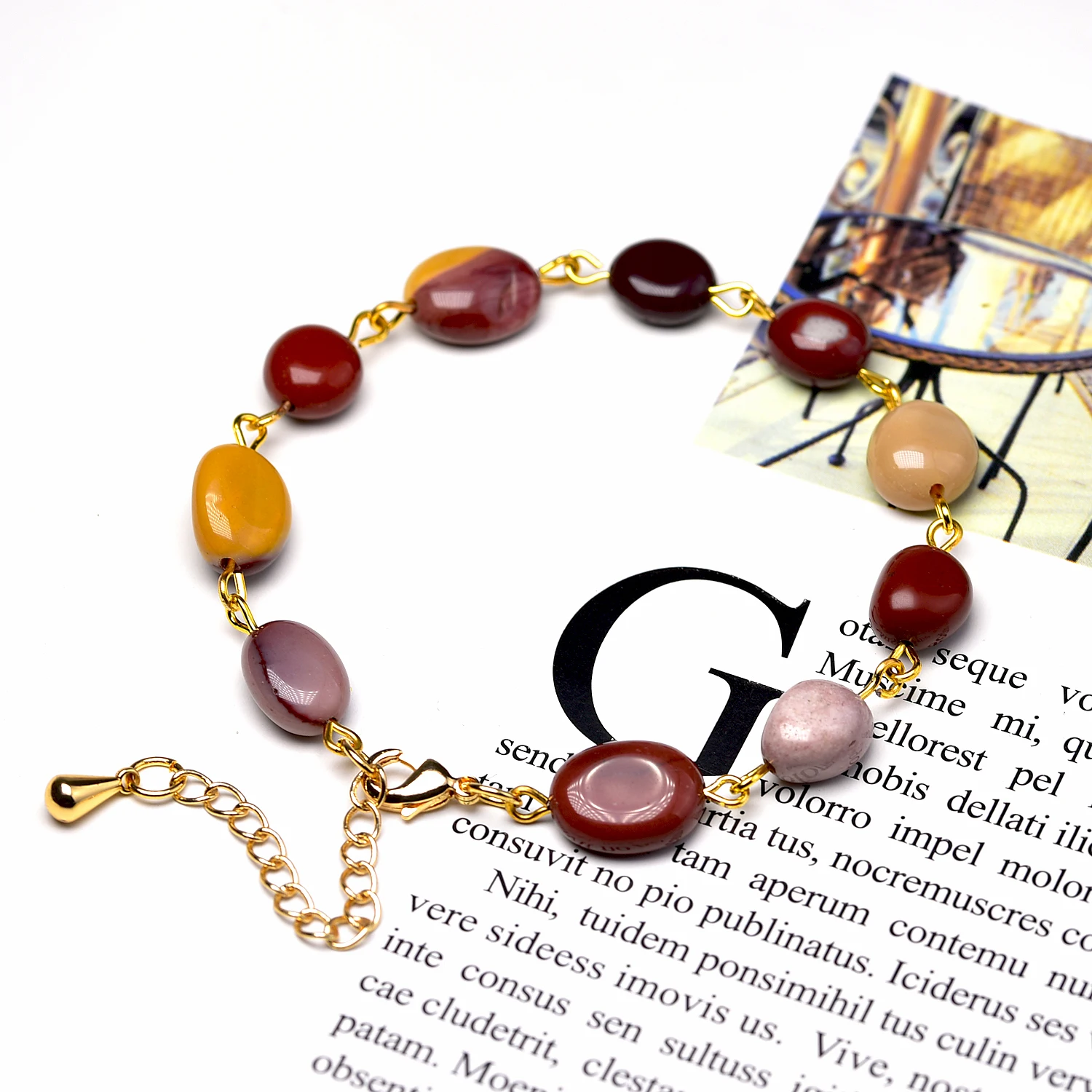 Handmake Cute Unique Bracelets Colourful Natrual Mookaite Beads Copper Plated 18k Gold Chain Bracelet for Women Crystal Jewelry