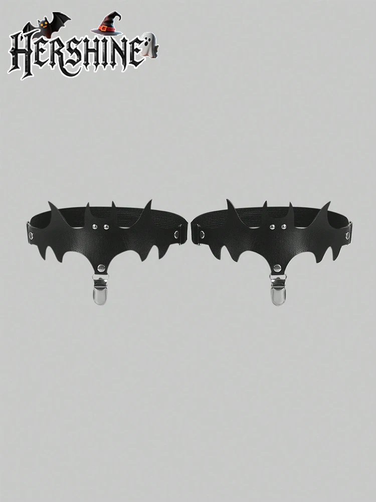 HERSHINE 2-teiliges Set aus schwarzen Halloween-Strumpfbändern in Fledermausform für Damen, Leggings, Y2K-Halloween-Outfit-Accessoires im dunklen Stil