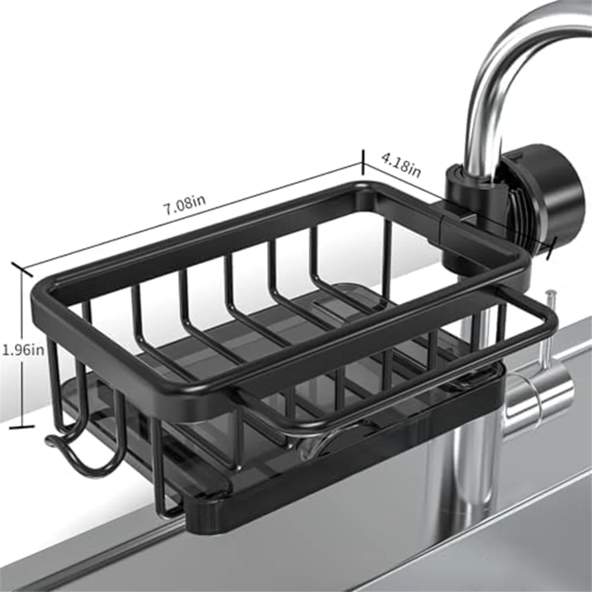 Portaspugna sopra il rubinetto Organizer per lavello da cucina, scolapiatti per rubinetto sospeso staccabile in alluminio spaziale con gancio nero