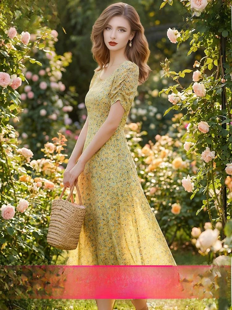 

Sweet Floral Print High Waist Short Sleeve Holiday Dress Women's Fashion A-Line Skirt Style Polyester Fiber Bubble Sleeve Dress