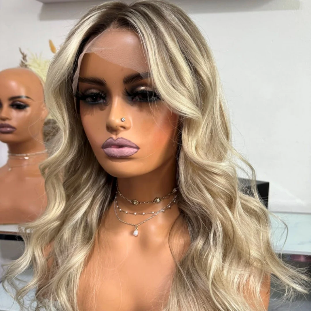 

Balayage Ombre Пепельно-русый синтетический парик фронта шнурка с темными корнями Натуральная предварительно выщипанная линия волос Термостойкий волнистый парик Futura