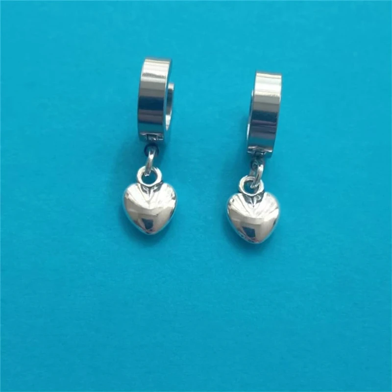 Small 3D Love Heart Dangle Leverback Hoop Earrings, Lovely Stainless Steel Ear Clip, Chic Jewelry for Men Women