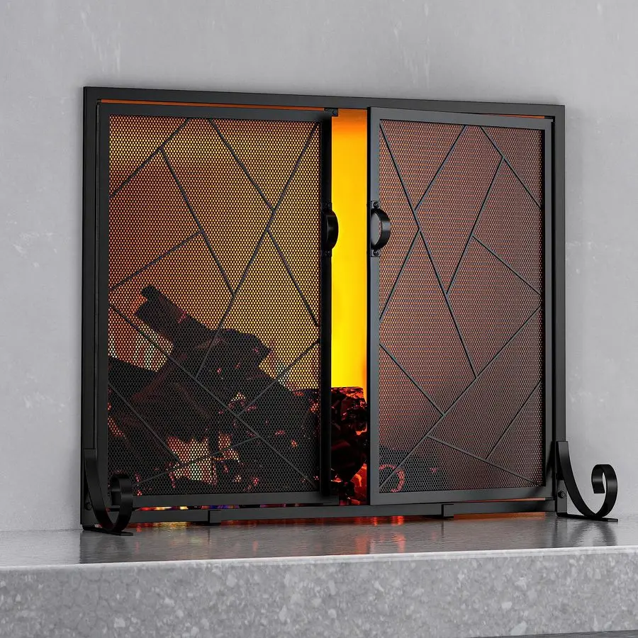 

Fireplace Screen with Hinged Doors Cast Iron Border Sturdy Steel Frame Durable Metal Mesh Decorative Spark Guard Black FinishLar