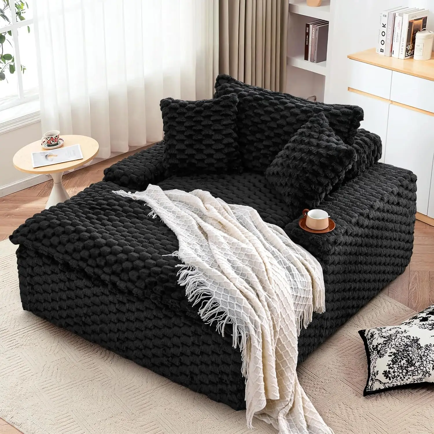 Chaise Lounge Chair Indoor, Oversized Corduroy Comfy Upholstered Boneless Memory Foam Floor Chaise Lounge Sofa Couch Chair with