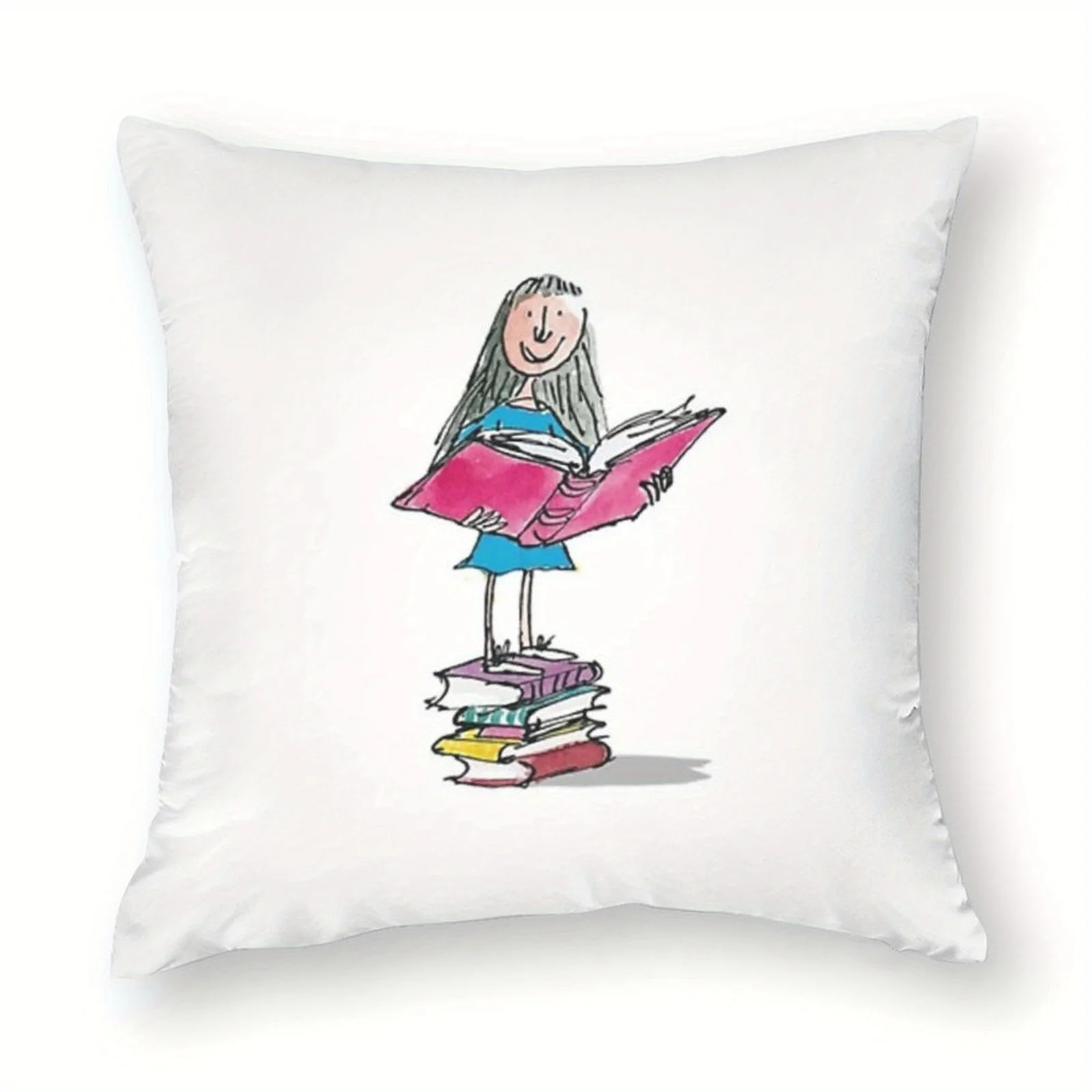 Bookish Girl Illustration Pillow Cover Square Polyester Cushion Case Zipper Washable – Stylized Reader on Stack of Books