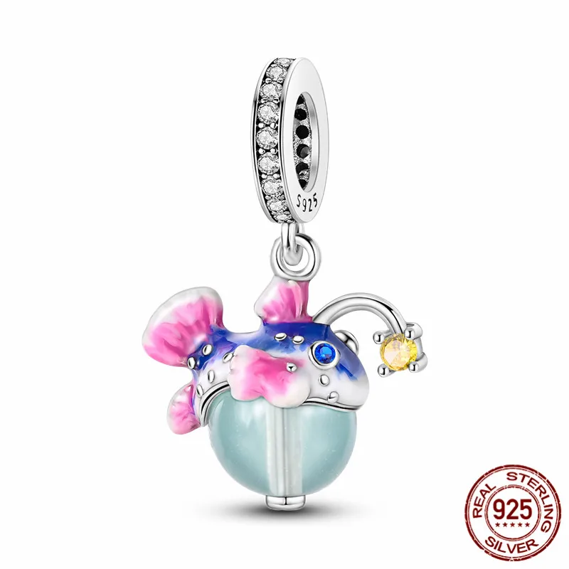 

925 Sterling Silver Luminous Fish Charm Bead, for use with original bracelets, women's DIY jewelry.