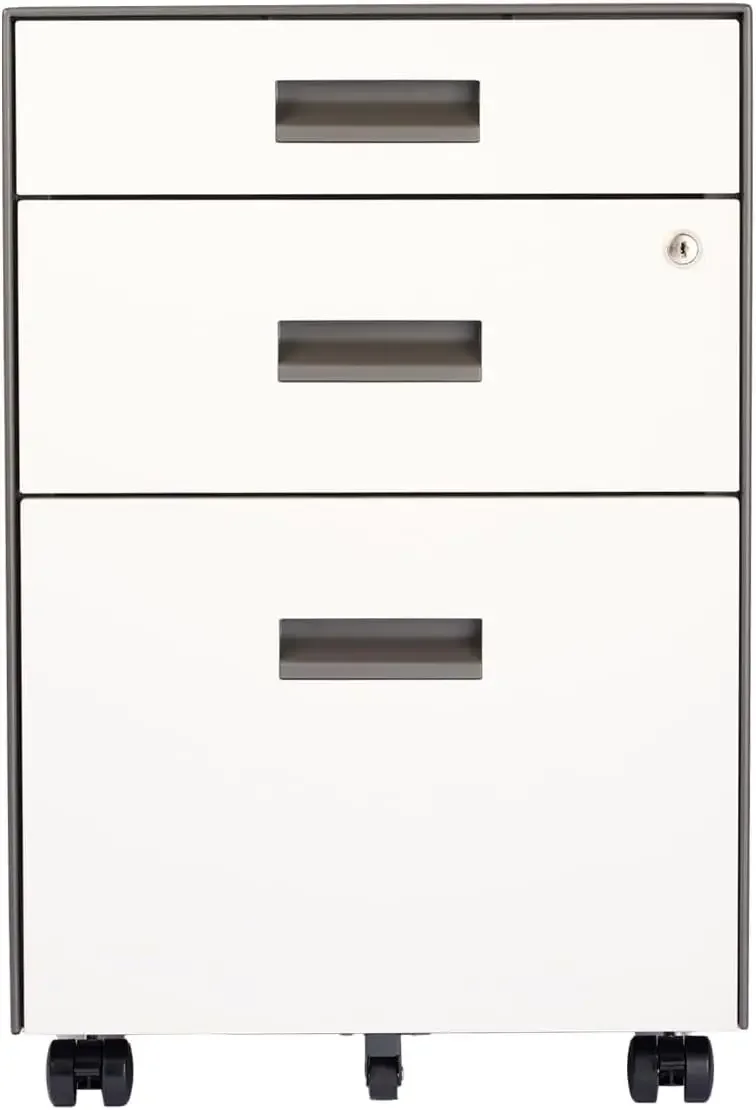 3 Drawer File Cabinet with Lock - Under Desk Metal Filing Cabinet, Legal/Letter File Folders, Wheels, Fully Assembled, White/Gra