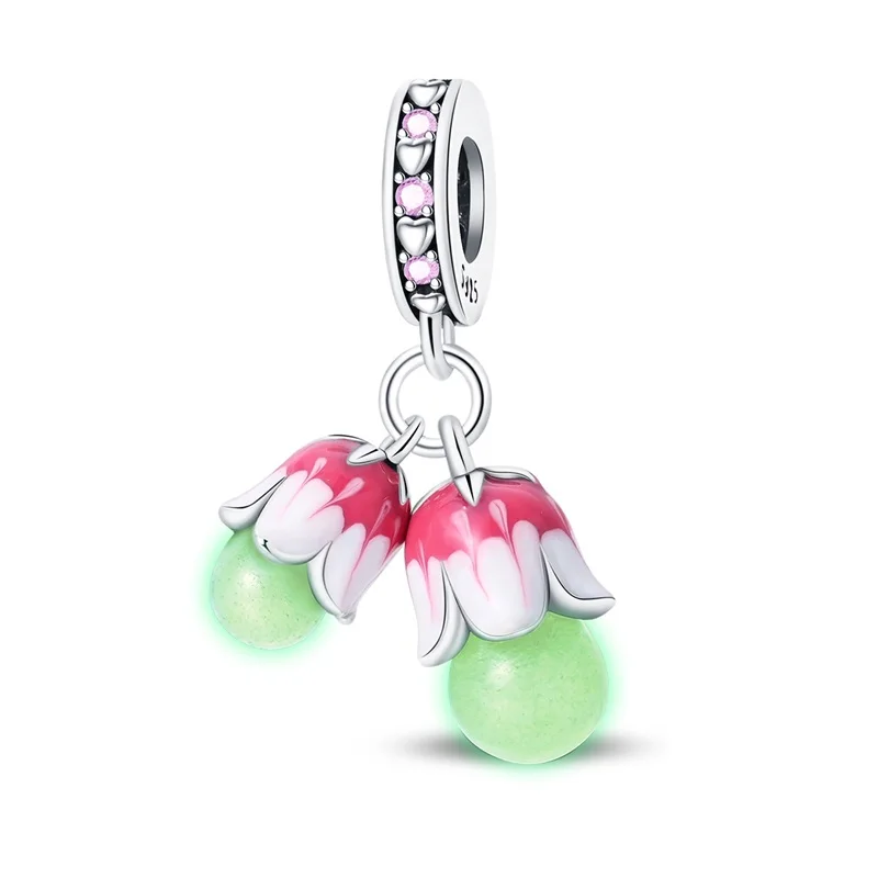 925 Sterling Silver Pink Lily Of The Valley Charms Pendant Fit 3mm Original Bracelet DIY Women Exquisite Party Jewelry Gifts
