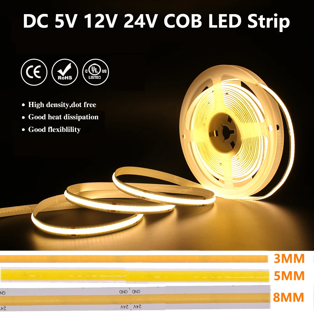 Fita LED Linear Flexível, COB LED Strip, alta densidade, PCB, barra de luz macia, 320, 384, 480, 528LEDs por m, 5V, 12V, 24V, 3 milímetros, 5