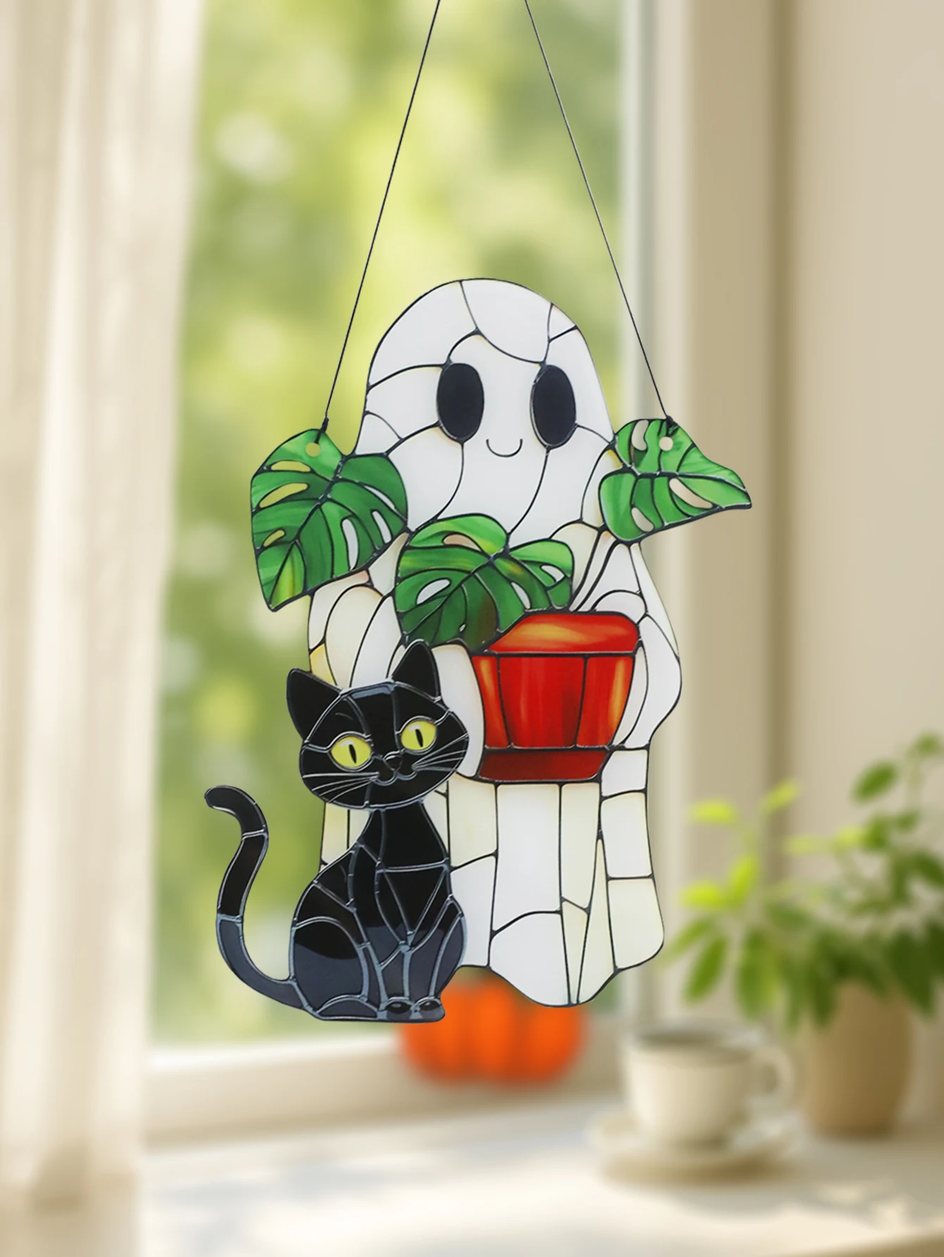 Niedlicher Halloween-Geist zum Aufhängen, Acryl, schwarze Katze und Topfpflanze, dekorative Sonnenfänger, Fensterdekoration für Zuhause und Party, Geschenk