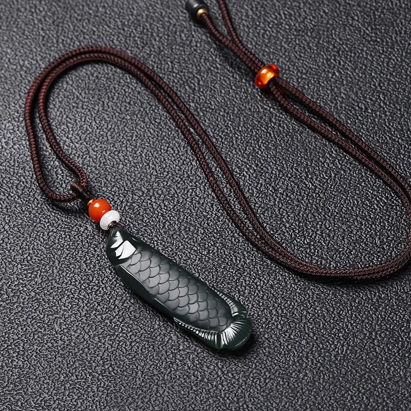 Jia Le/ Natural XinJiang Hetian Cyan Jade Lucky Arowana Necklace Pendant Fine Jewelry Fashionable Personality Men and Women Gift