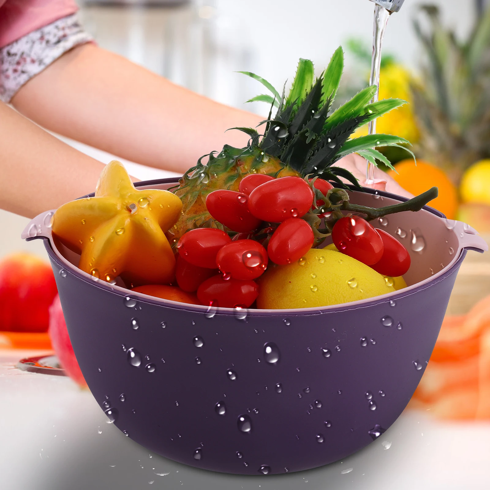 

Double Layer Washable Fruit Sink Drain Basket Vegetable Drainer Purple Drainage for Kitchen RV Living Room Storage