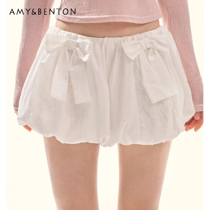 2026 Spring Summer New White Lace Splicing Bow Women's Skirts French Design Sweet Y2k Versatile Elegant Puffy Culottes Ladies