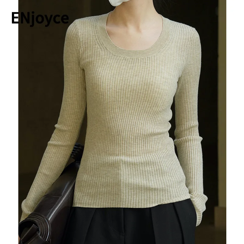 

ENjoyce Winter Women U-neck Bottoming Wool Knitted Sweater Pullovers Ladies Korean Slim Thin Soft Comfy Knitwear Tops