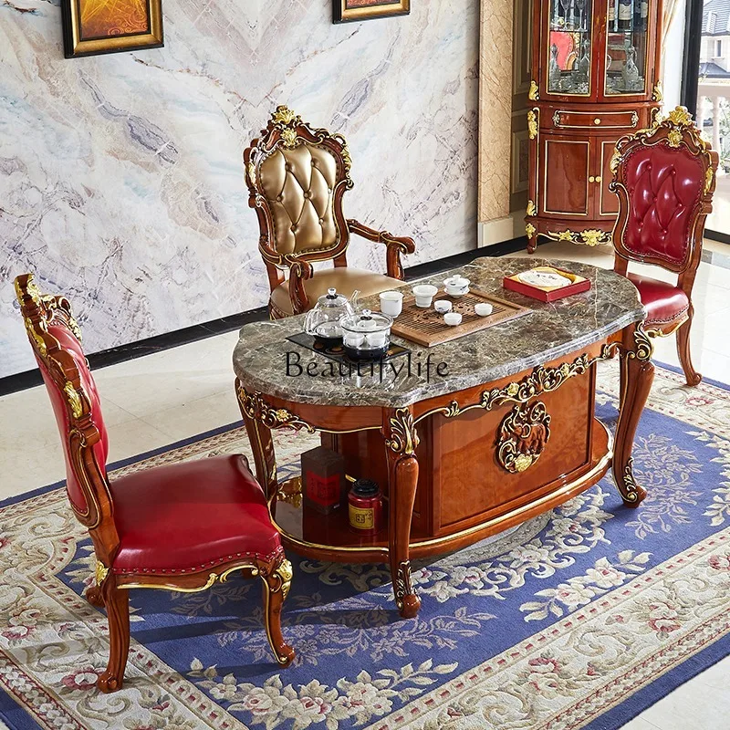 

European marble kung fu tea table living room small apartment household solid wood tea table and chair combination
