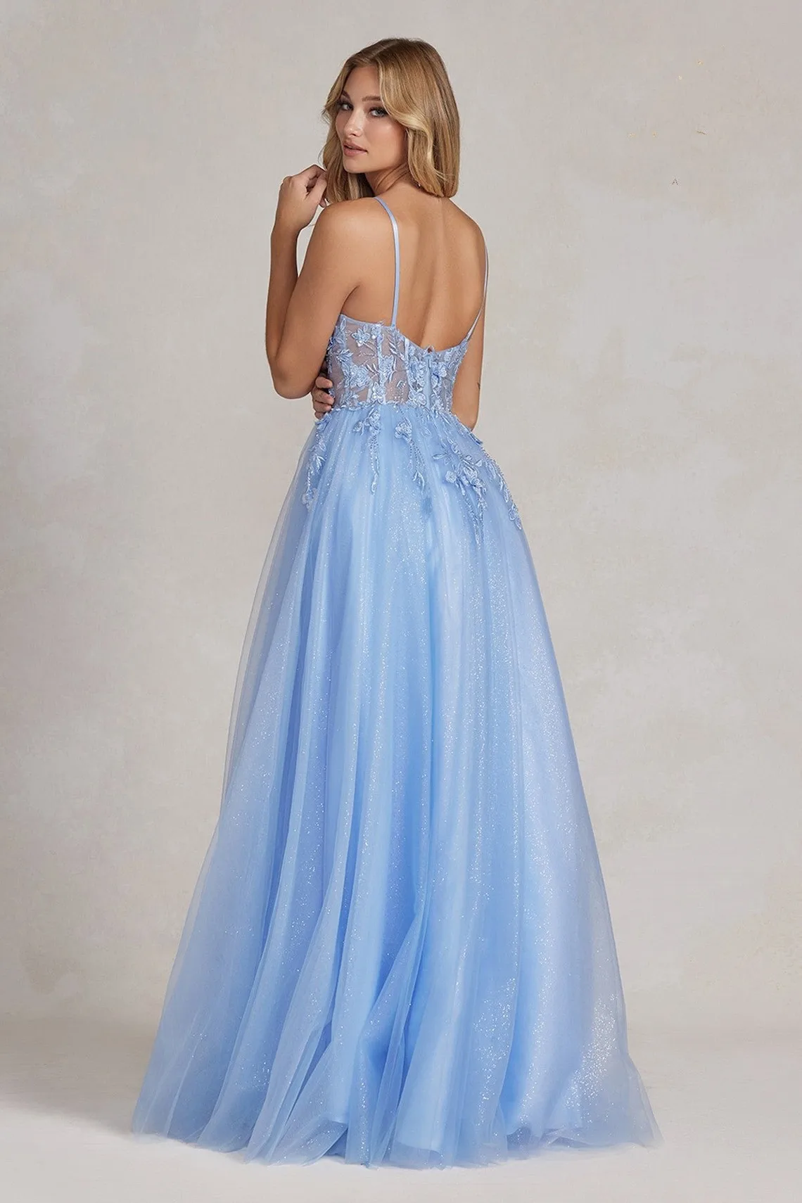 Sky Blue Evening Dresses Beaded Lace Applique Glitters Tulle Sparkly V-neck Long  Formal Party Special Occasion Prom Gowns