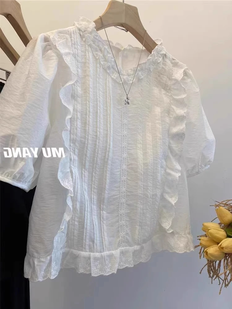 Loose round Ne ort Sve irt Women's Summer Casual Faion Earlobe Design Korean Sle Top Comfortable Breathable