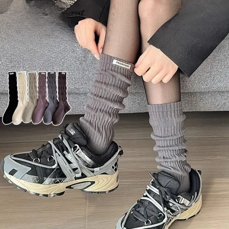 Vrouwen Y2k Brief Gebreide Lange Sokken Meisjes Zwart Wit Effen Losse Gehaakte Midden Buis Lolita Sox Katoen Laars Manchetten Ruches Sokken