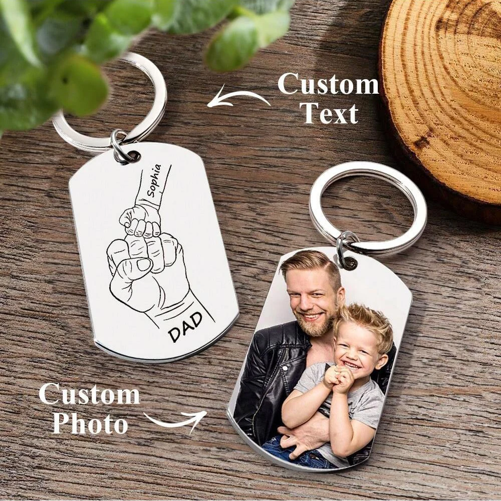 Customized Photo Engraved Text Keychain with Double Sided Picture and Text Stainless Steel Keychain for Father's Day Gift 2024