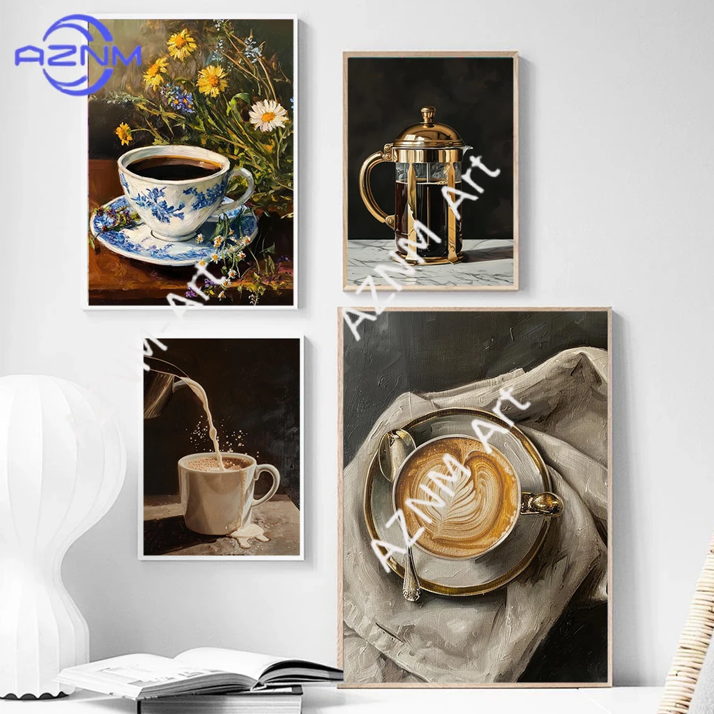 Rich Aroma Concentrated Handmade Coffee And Coffee Pot Oil Painting Art Poster Canvas Printing Coffee Shop Kitchen Wall Decor