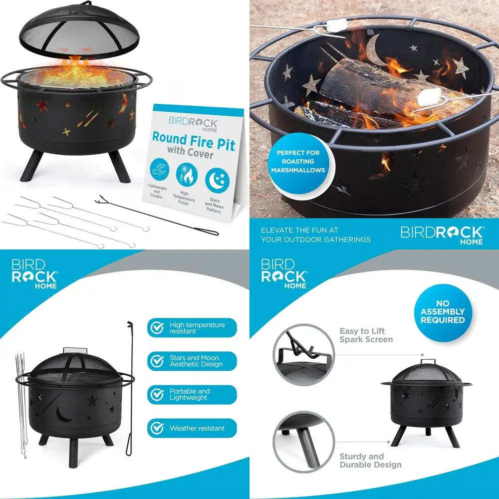 

Портативная уличная дровяная костра - 30 круглых садовых огней для патио со звездами и вырезами луны, искровой экран в комплекте