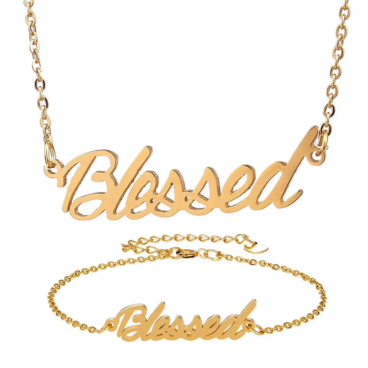 

Blessed Nameplate Stainless Steel Name Necklace + Bracelet Set Script Letters Choker Chain Charms Pendant Jewelry Sets Gift