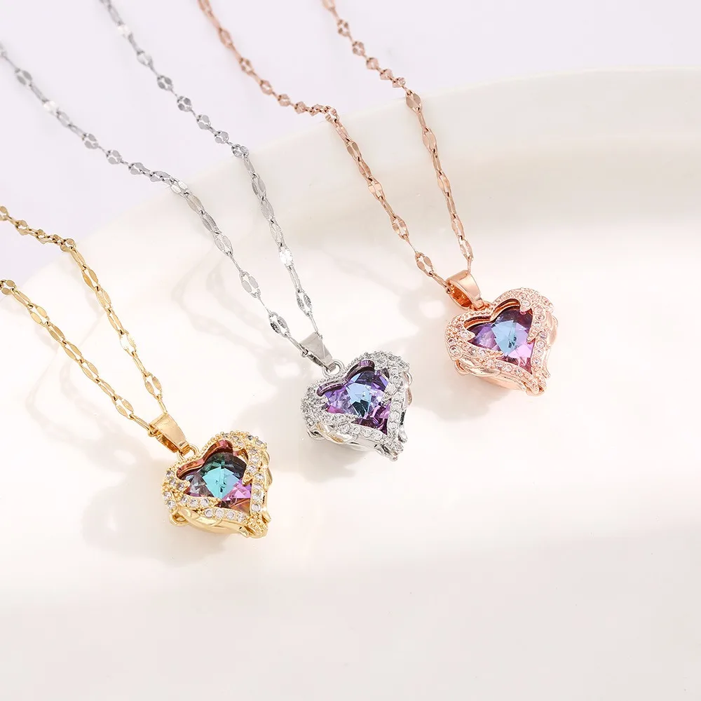 Shiny Heart of The Ocean Crystal Pendant Necklace for Women Charm Stainless Steel Zircon Chokers Bride Jewelry Gift Colorfast