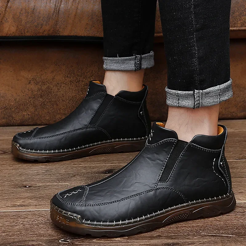 Autumn Winter Elegant Chelsea Boots Leather Men Shoes Round head Luxury designer Ankle boots Anti slip black Slip-on Big Size 47