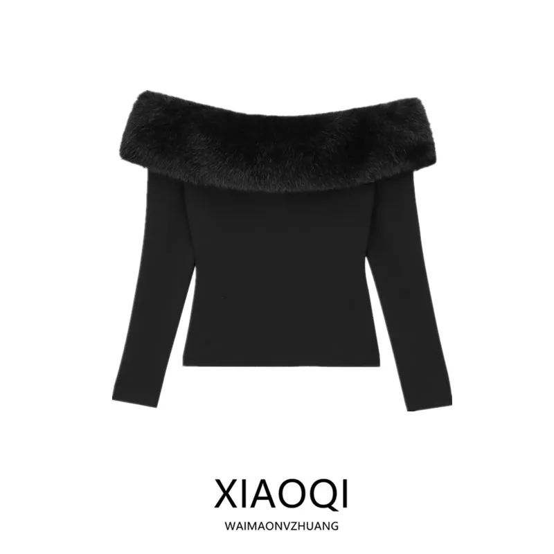 

Autumn Winter New Women's Faionable Artificial Fur Effect oulder Bared Patchwork Top Alluring One oulder Long Sve T-...