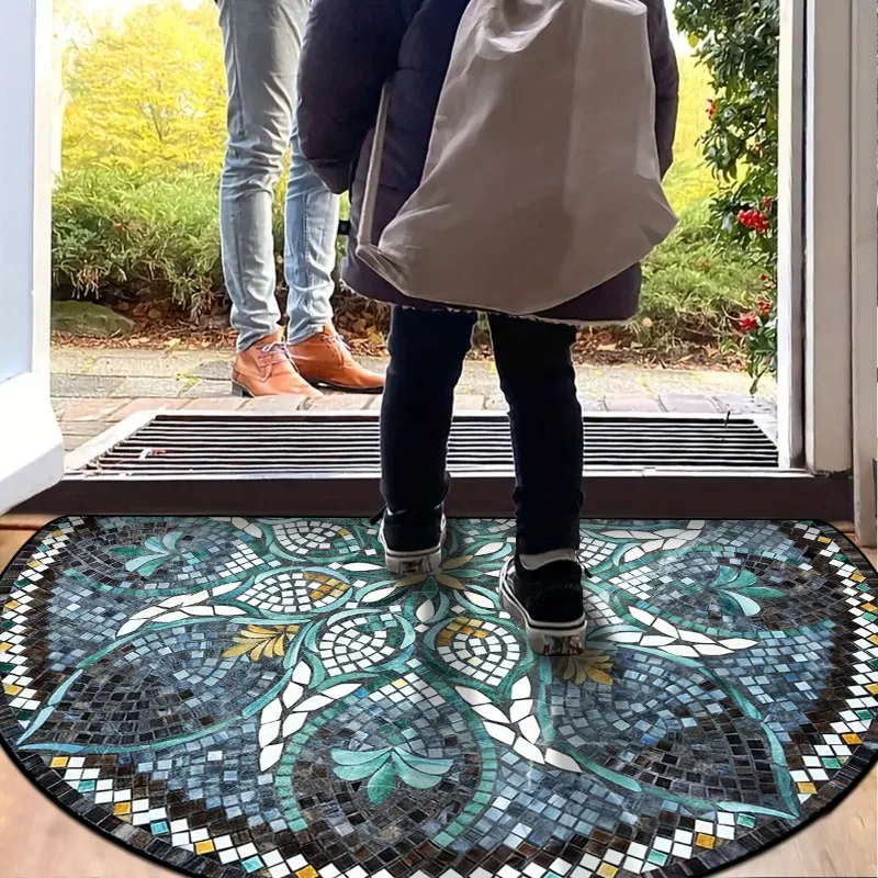 Semi-circle Entrance Doormat Retro Creative Art Floor Mat Floral Ethnic Style Carpet Geometric Home Rug Stain-resistant Foot Mat