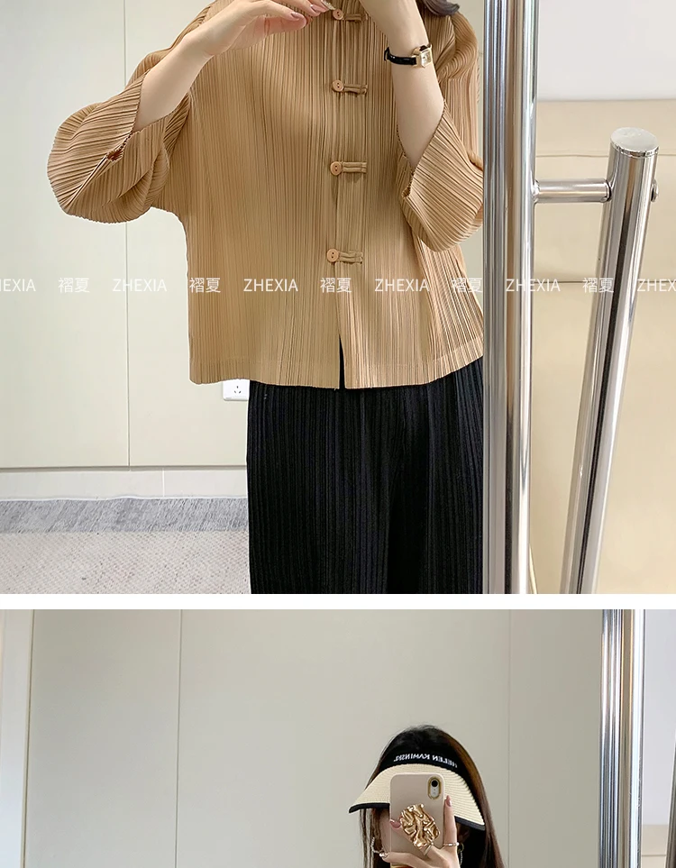 Miyake Plissee-Oberteil Damenjacke Herbst Retro Chinesischer Stil Hochwertiges Langarmhemd Chinesischer Stil Knopfleiste Elegantes Oberteil – Detail 8