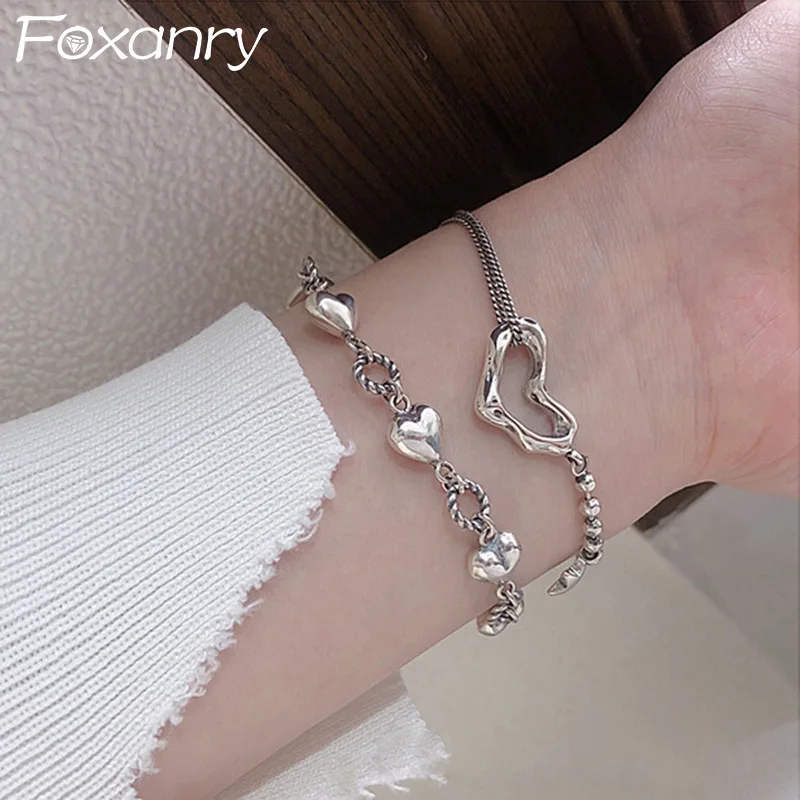 Foxanry 여성용 실버 컬러 러브 하트 기하학적 팔찌, 트렌디 빈티지 클래식 우아한 달콤한 기념일 쥬얼리 선물