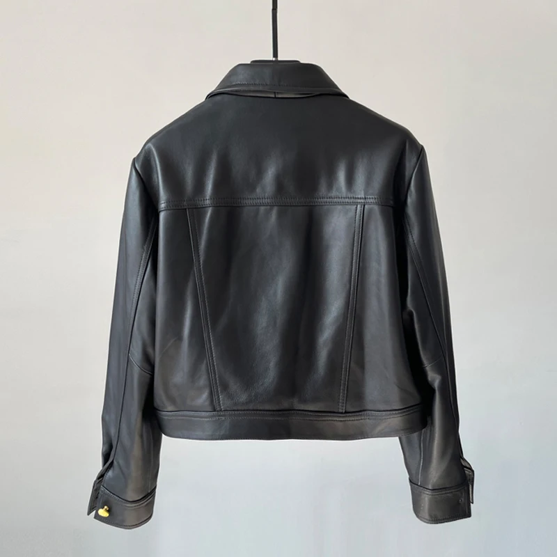 Giacca monopetto in pelle di pecora monopetto corta da donna in vera pelle nera 2025 Autunno Nuovi cappotti in pelle da moto a maniche lunghe femminili