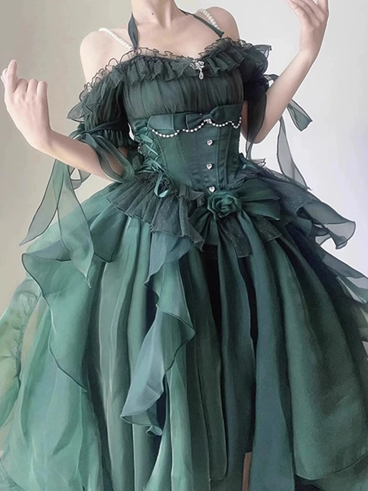 Green Heavy Industry Lolita Dress Bow 3D Rose with Long Trailing Neck Suspender Dress High Waist Slim Princess Ball Gown Dress