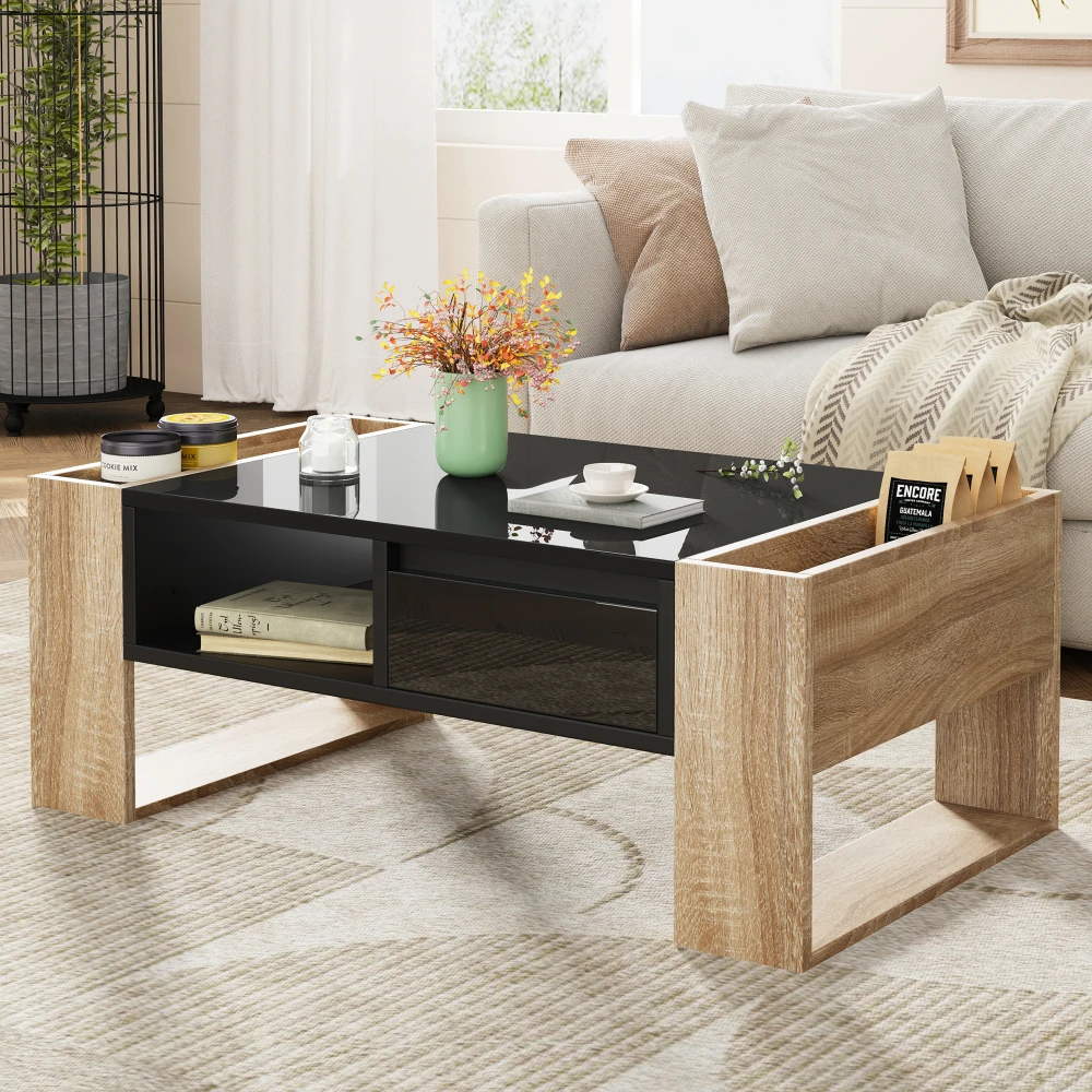 

High Glossy Coffee Table with 2 Drawers, Practical Two Tone Center Table with Hidden Compartments, Rectangle Cocktail Table