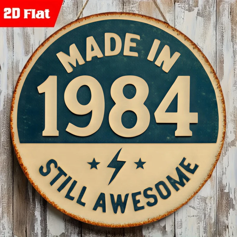 Panneau en étain rond 2D plat vintage « Made in 1984 Still Awesome » avec motif éclair – Décoration murale rétro pour 40e anniversaire, pour la maison, le garage ou le bureau