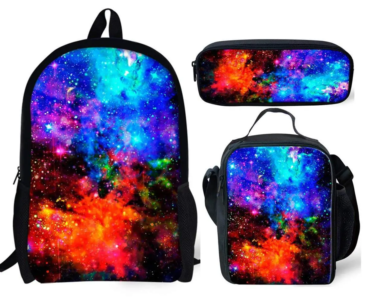 Moda popular novidade céu estrelado impressão 3d 3 pçs/set aluno sacos de escola portátil mochila almoço saco lápis caso