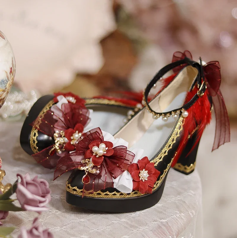 Original One Night Story: Ancient European Style Lolita Shoes Prisoner Cow Handmade Flower Wedding High Heels Lolita Black/red