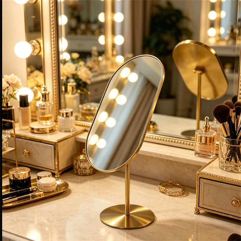 Golden Desktop Vanity Makeup Mirror Tabletop Cosmetic Mirror for Bedroom Dresser Multi‑Shape Jewelry Shop Display Mirror