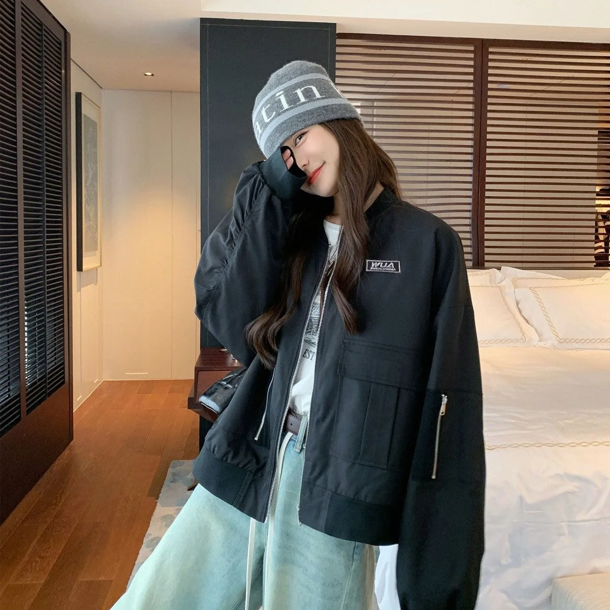 

Женская черная куртка-бомбер большого размера, осень-зима, повседневное университетское бейсбольное пальто в американском стиле, универсальное для молодежи, студентов