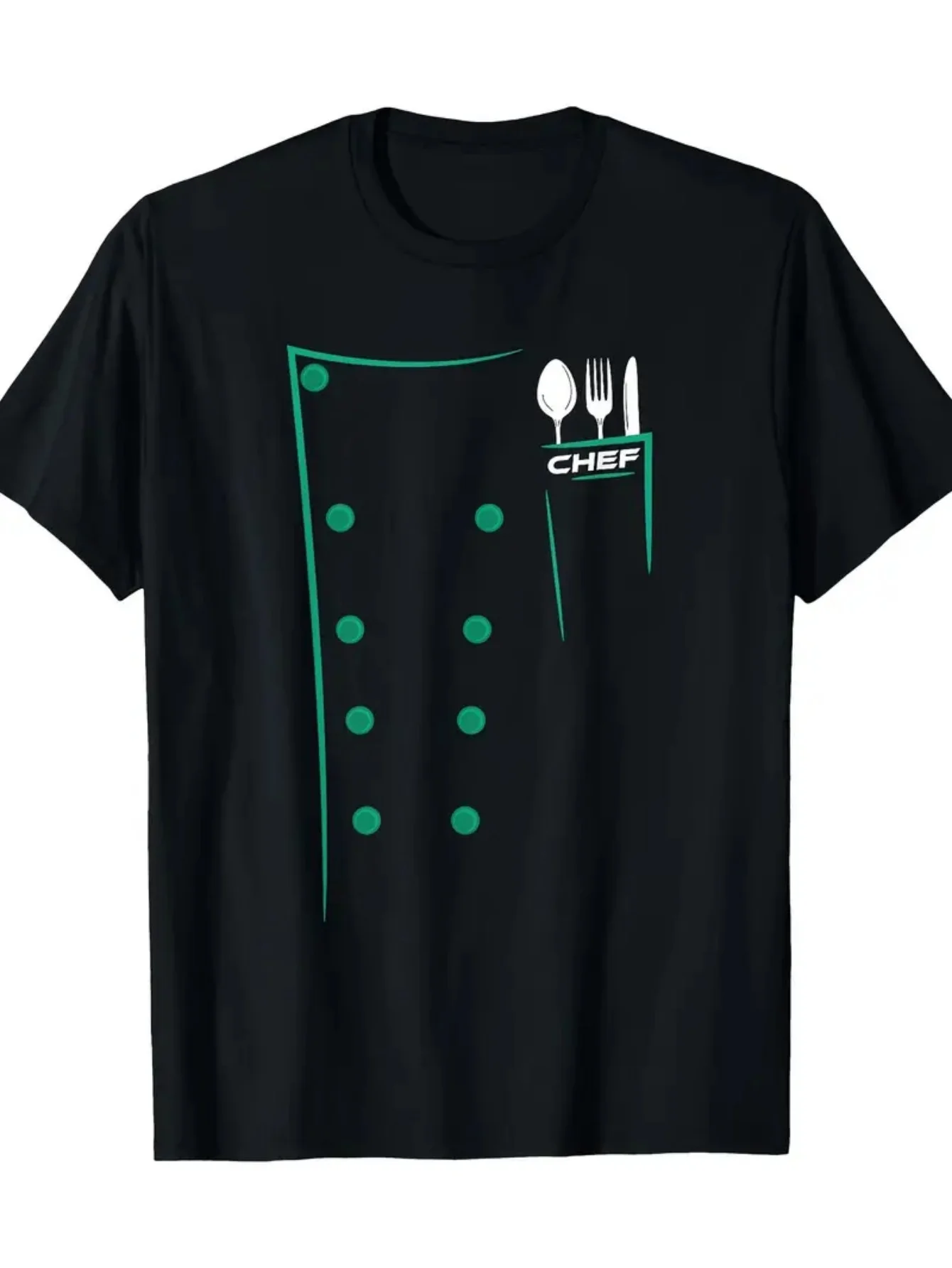 

Men's Breathable Cotton Chef-Themed T-Shirt with Kitchen Utensils and Cooking Patterns, Chef Hat and Chef Letter Print, Short-Sleeved Crew Neck Casual Top Suitable for Future Chefs and Food Enthusiasts, Holiday Gift, Machine Washable, All-Season Wear