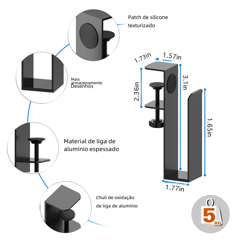 Ajustável Sob Mesa Suporte Laptop, Dual Clip Rack, Mesa de Computador Mount, Side Storage Organizer, No Drill