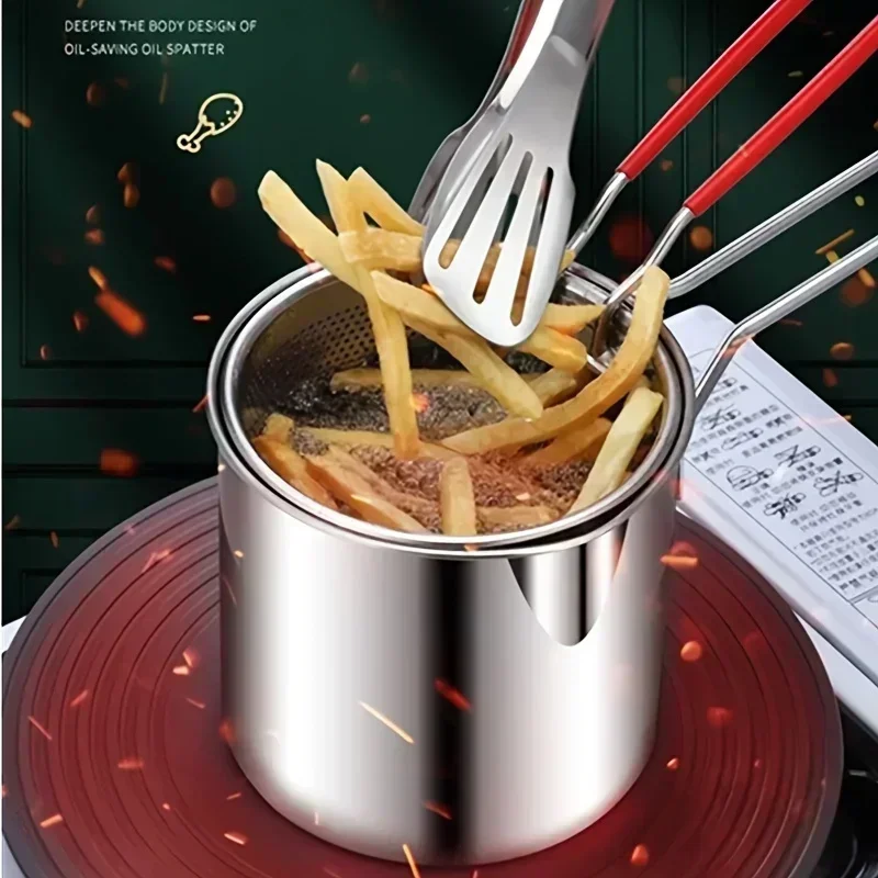 Edelstahl-Fritteuse mit Bratkorb, kleiner Topf, multifunktionale Küche, spezifisches Braten von Hühnchen und anderen Kochutensilien
