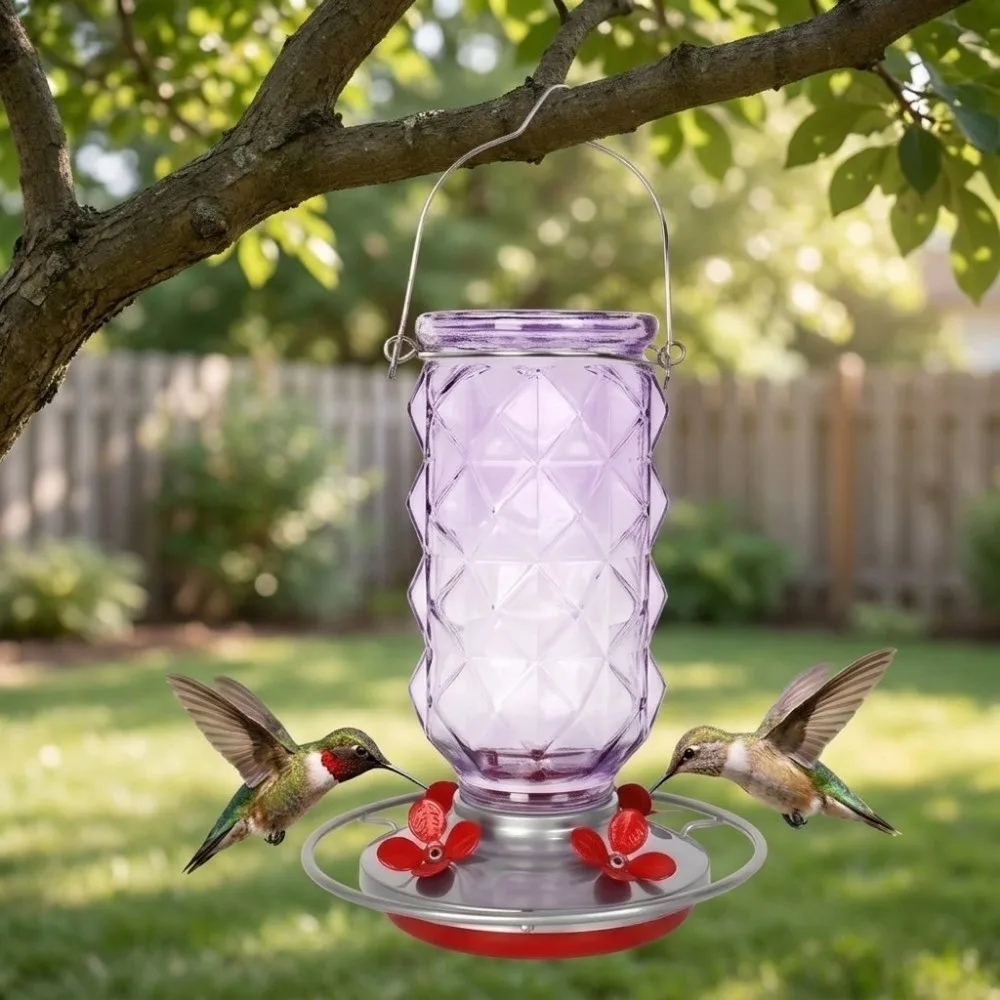 360° Perch Ring Glass Hummingbird Feeder Leak-Proof with 5 Flower Ports Bird Water Feeder Weather Resistant