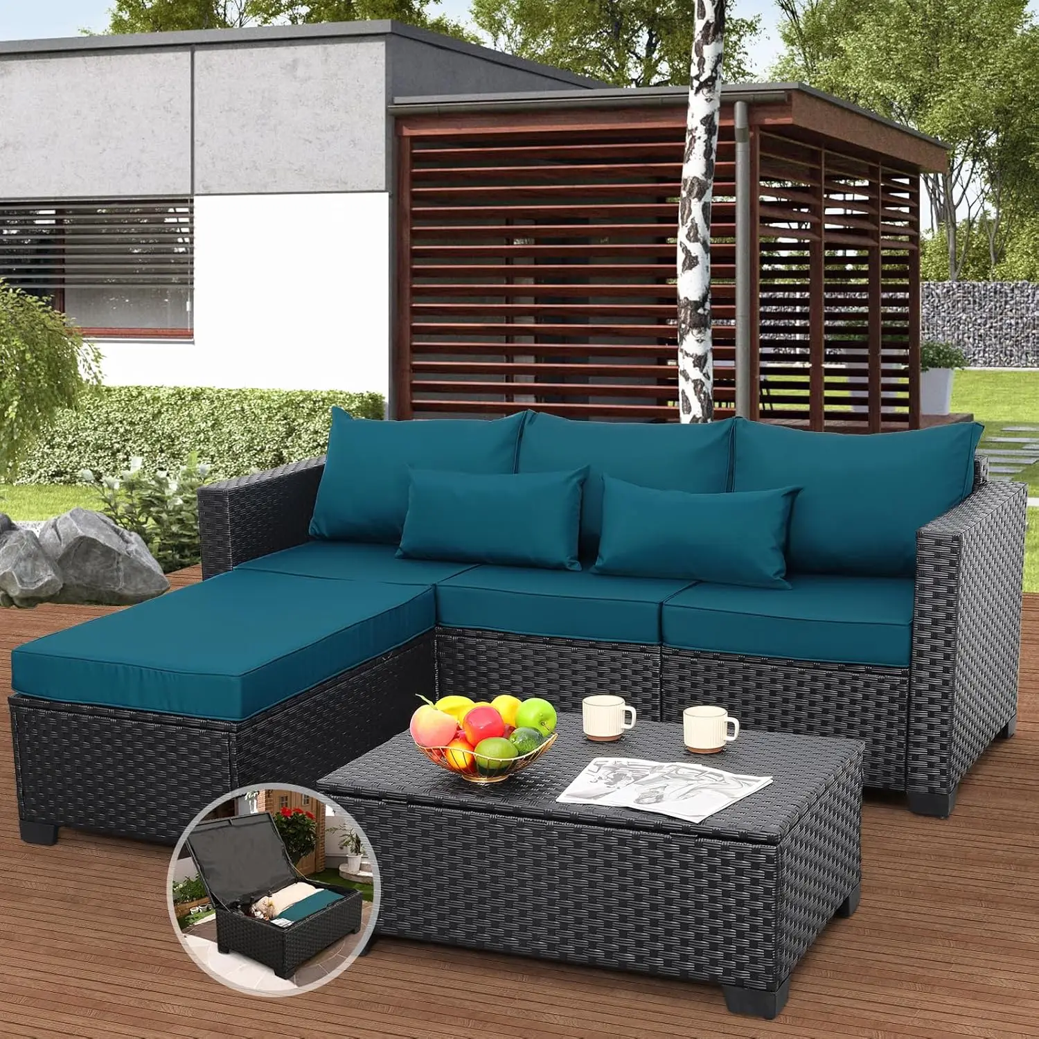 3 Pieces Patio Furniture Set Outdoor Sectional Wicker Patio Furniture Patio Couch with Ottoman and Outdoor Storage Table