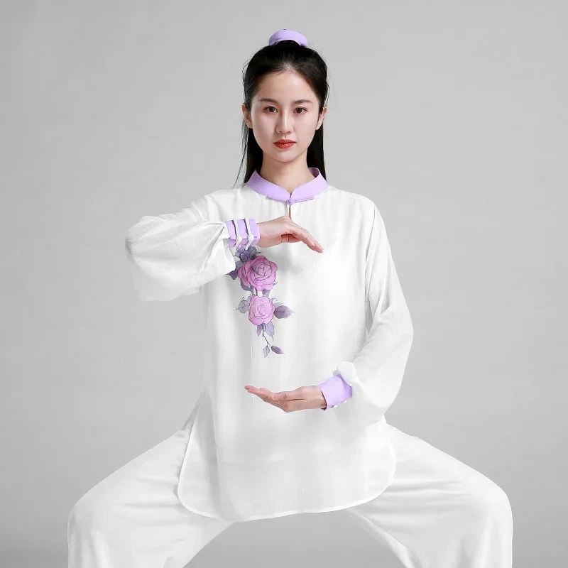 

Tai Chi Clothes Kung Fu Dress Martial Art Uniform Wushu Clothing Hand-painted Flower Women Girl Kun Master 2023 New Style White