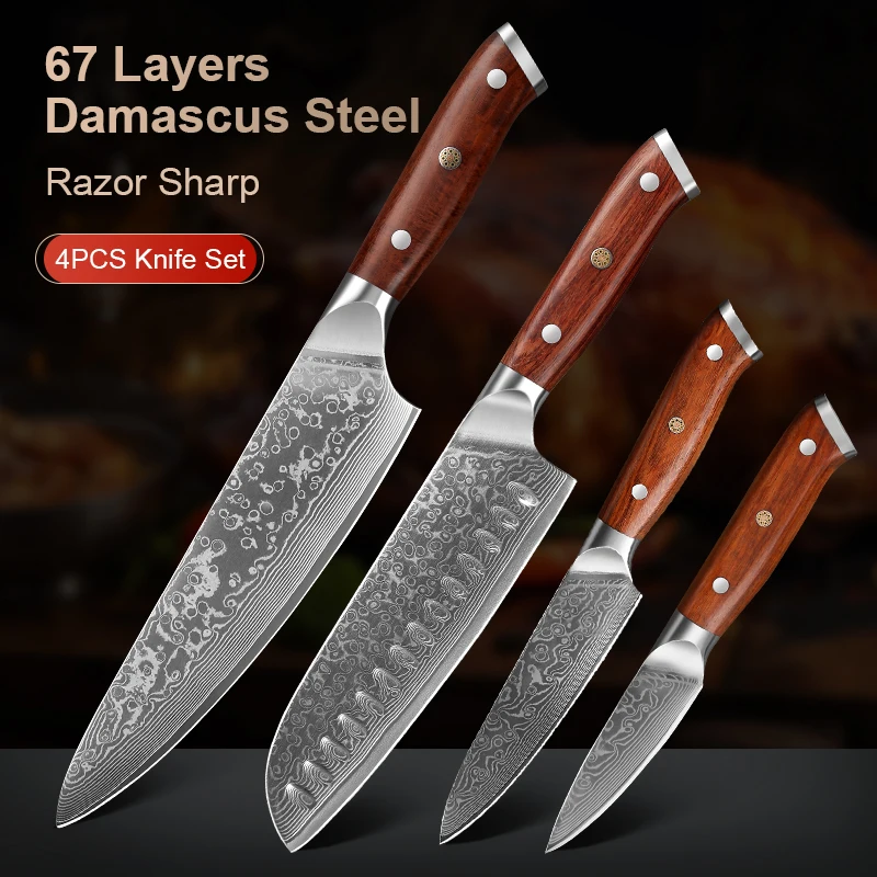 

4 Piece Damascus Steel Knife Set 67 Layers Rosewood Handle High Hardness 60±2 HRC Sharp Edge 60HRC Sharp Anti-Rust Gift