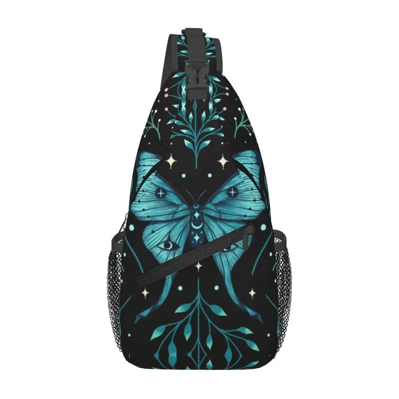 Custom Mystical Moon Moth Sling Crossbody Backpack Men Turquoise Butterfly Shoulder Chest Bag for Camping Biking